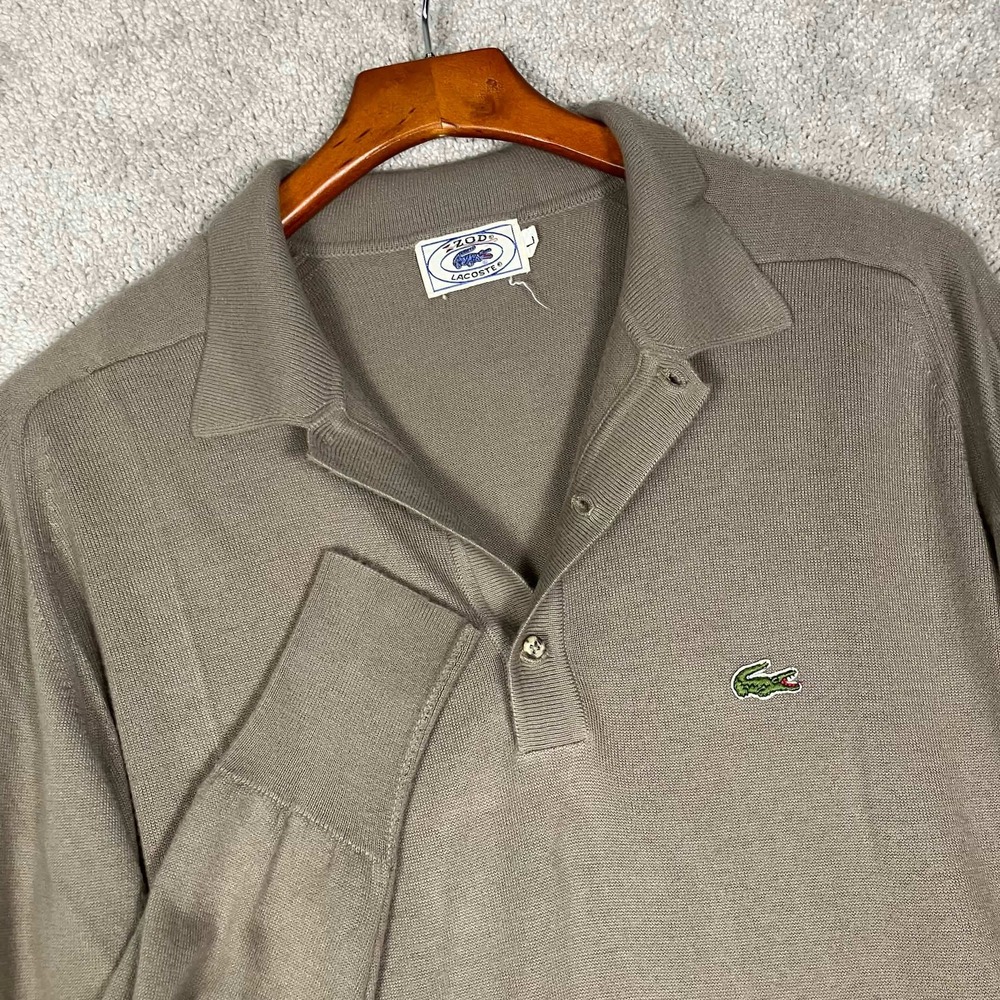 Vintage Izod Lacoste Knit Polo Shirt Mens Large Brown Long Sleeve Orlon Acrylic
